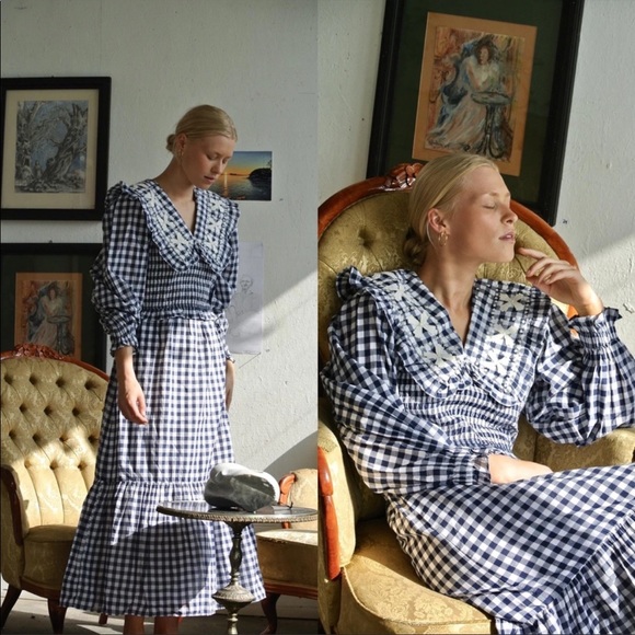 Sea New York Dresses & Skirts - Sea New York gingham checkered embroidered collar midi dress EUC